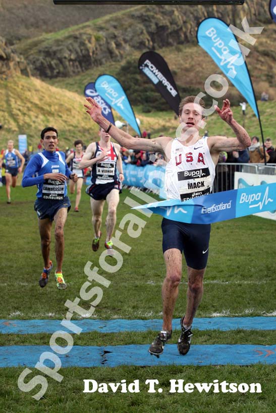 Bobby Mack (USA) wins the senior mens BUPA Great Edinburgh Cross Country.